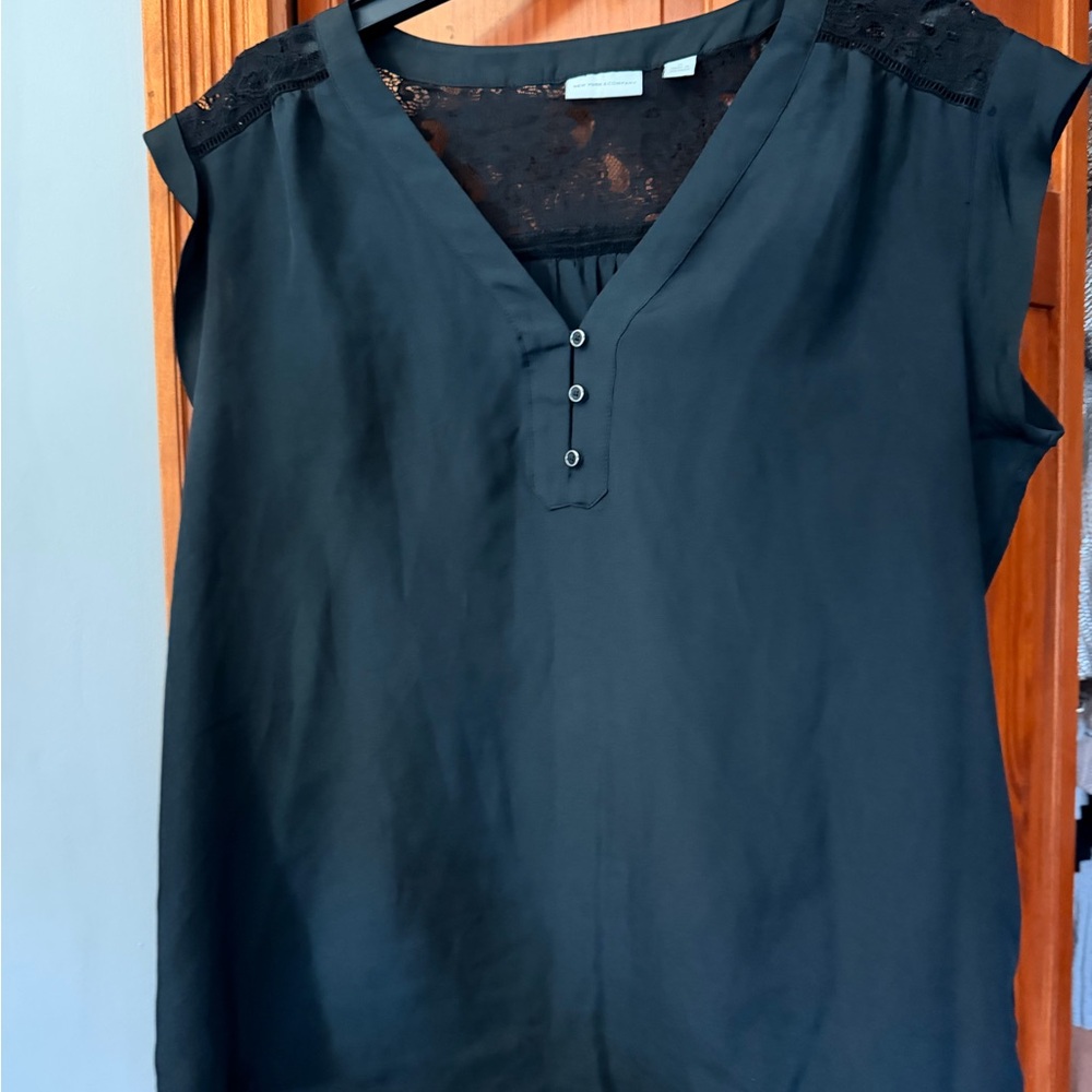 New York & Company Black Lace-Back V-Neck Top